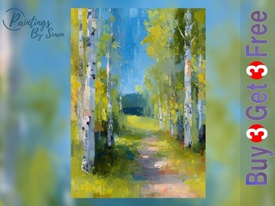 Birkenbaum Waldweg 5''x7'' Druck auf mattem Papier | Friedlicher Wald Öl