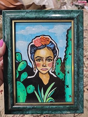 5x7 Painting On Glass Frida Khalo Artist Studio Unsigned Mixed Mediums? #2
