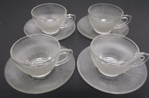 4 SETs Dominion Glass SAGUENAY Clear 8 pcs Cup & Saucer Depression 1940s