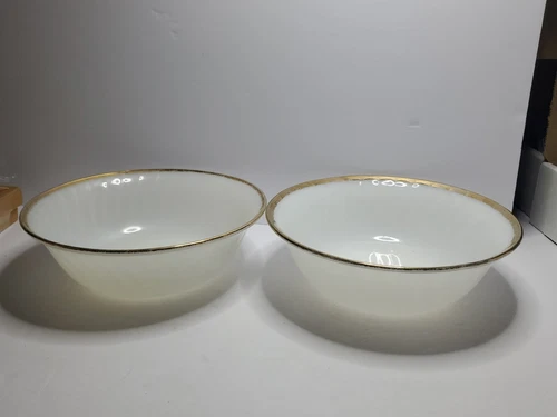 2 - Anchor Hocking Fire King 8” Diameter Vegetable Serving Bowls, Gold Edging