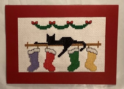 Completed Christmas Cross Stitch Card - Black cat with stockings