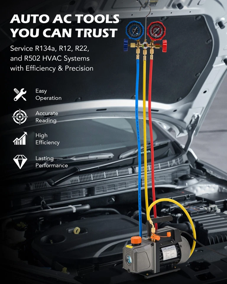4CFM AC Vacuum Pump Air Conditioning Tools Manifold Gauges Set R134A HVAC - image 3 of 4