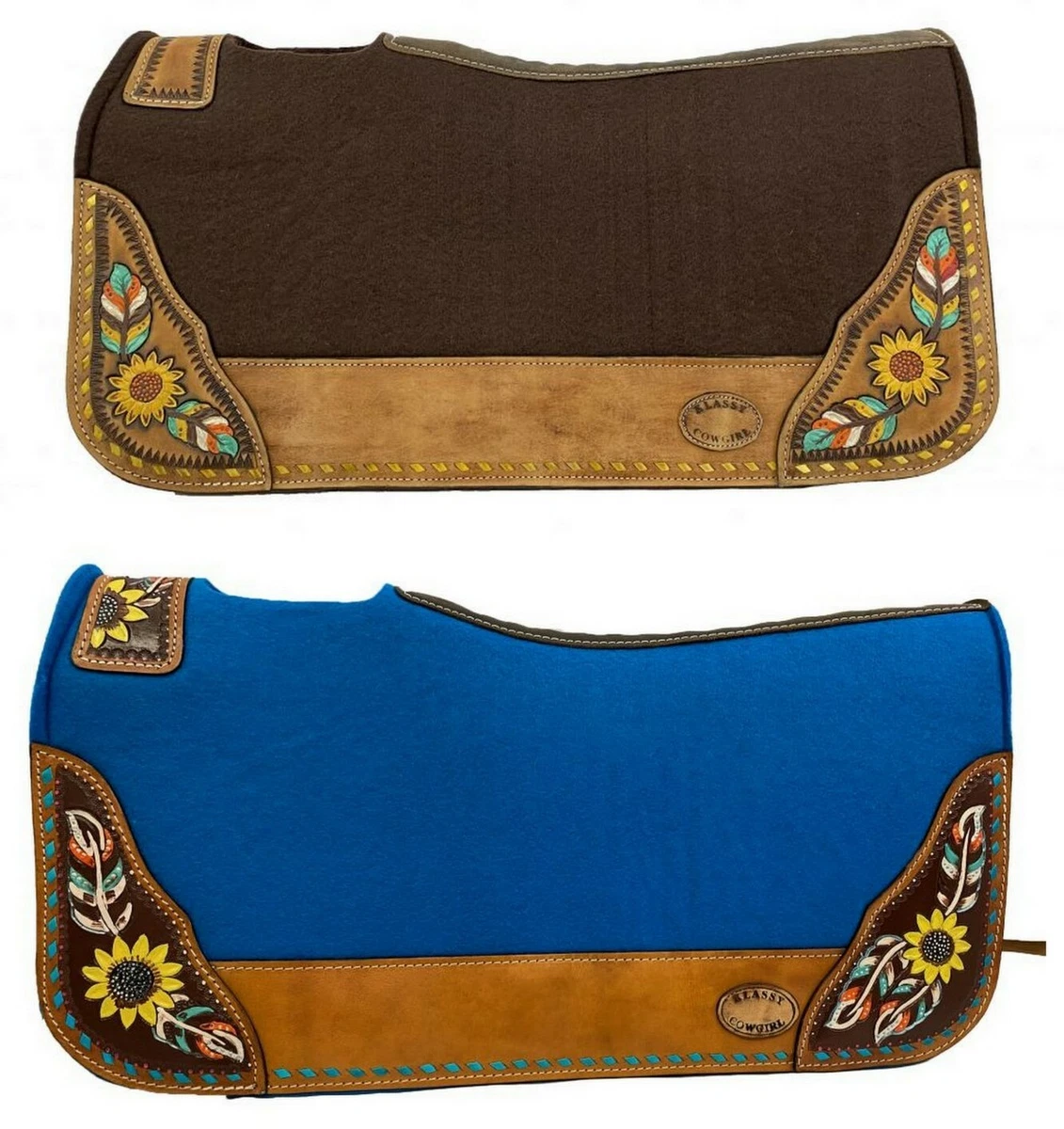 Western Horse Saddle Pad Blue OR Brown Wool Felt w Sunflowers 32 X 31 30 X 28