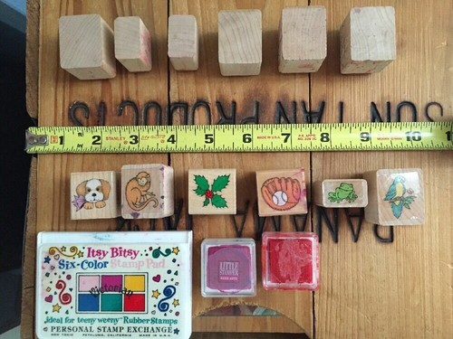Lot 12 Small Rubber Stamps Jungle Animals Nature Monkey Frog Dog Flowers Inkpads - Picture 2 of 11