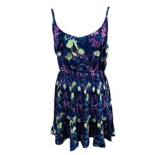 Dark Purple  Floral Mini  Dress Medium Pleated Strappy Cinch Flowy Fairy Grunge