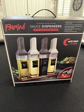 PARINI 4PC AUTO-POUR SAUCE  DISPENSERS WITH WOOD TRAY, NIB