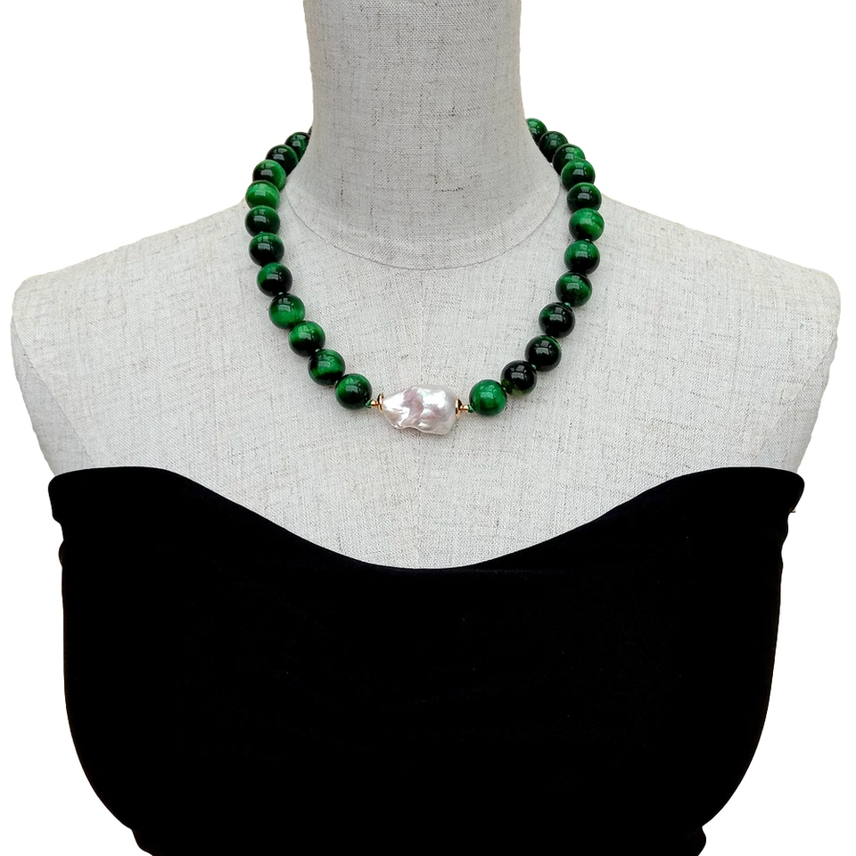 Colar de pérolas Keshi brancas cultivadas olho de tigre verde redondo 18,5 pol. 14 mm - Imagem 2 de 4