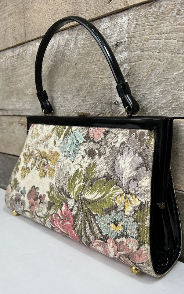 Bolsa de mão vintage estruturada floral tapeçaria Rockabilly clássica bolsa de domingo 💐 - Imagem 2 de 4