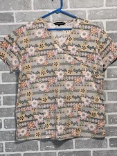 Scrub Top Samantha Mara Large Flowers Zigzags Pockets Preowned