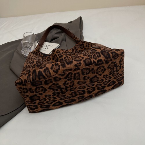 Women Suede Large Tote Bag Leopard Print Shoulder Bag Hobo Bag for Work (Brown) - Picture 11 of 12