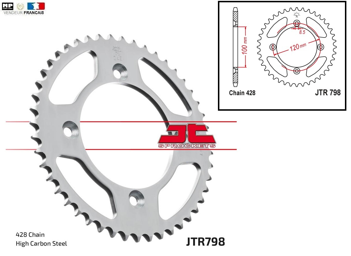 Couronne acier 48 dents pas 428 pour moto Suzuki RM 80 de 1982 à 2001