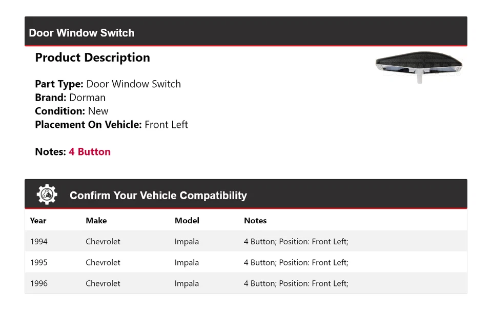 Para 1994-1996 Chevrolet Impala Dorman interruptor de janela de porta dianteiro esquerdo 1995 - Imagem 2 de 4