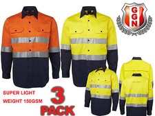 3x HI VIS SHIRTS LIGHT WEIGHT COTTON LONG SLEEVE REFLECTIVE TAPE Workwear orange
