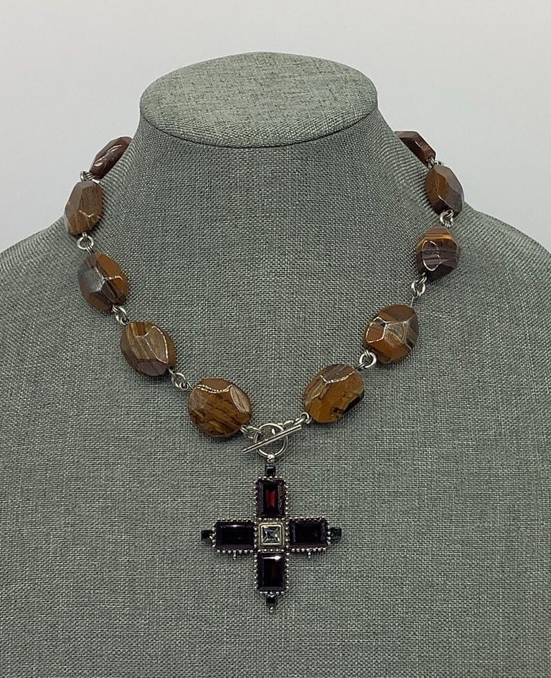 GERARD YOSCA Vintage Cross Tiger Eye Red Crystal Statement Necklace 18.5”