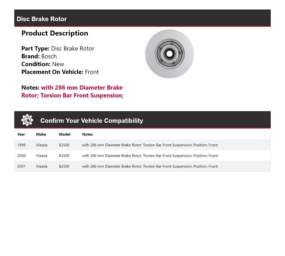 Тихий литой передний дисковый тормоз ротор 2000 для Mazda B2500 Bosch 1999-2001 годов выпуска - Изображение 2 из 4