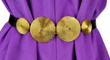 Vintage 80's Alexis Kirk Black Snakeskin Belt Gold Tone Swirl Medallions Buckle