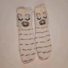 Women's Slipper Socks Size 7-9 Fuzzy Llama Non-Skid Crew Beige Striped NWOT