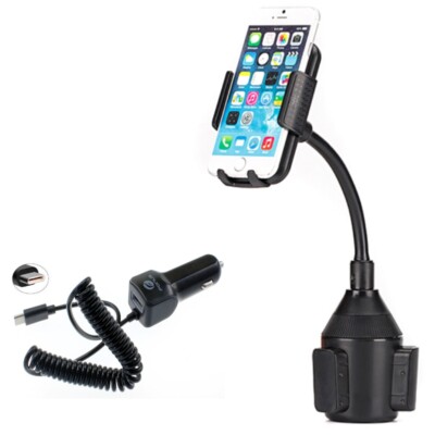 Rotating Cup Holder Car Mount w Type-C 3.1A Charger for USB-C Phones