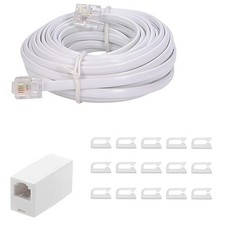 20 Ft White Telephone Extension Cord, RJ11, 1 Coupler, 15 Cable Clips, Line