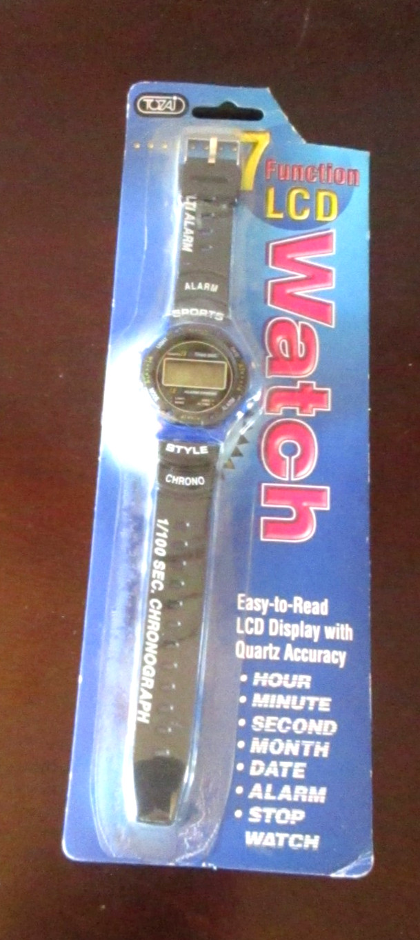 VINTAGE TOZAI 7 FUNCTION LCD DIGITAL BLACK WRIST WATCH NEW FACTORY SEALED