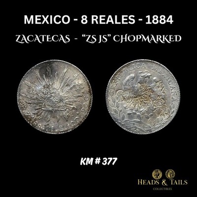 1884 MEXICO 8 REALES ''ZS JS'' SILVER (0.903) COIN ''MULTIPLE CHINESE CHOPMARKS''