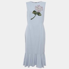 Dolce Gabbana Blue Crepe Hydrangea Embellished Midi Dress L