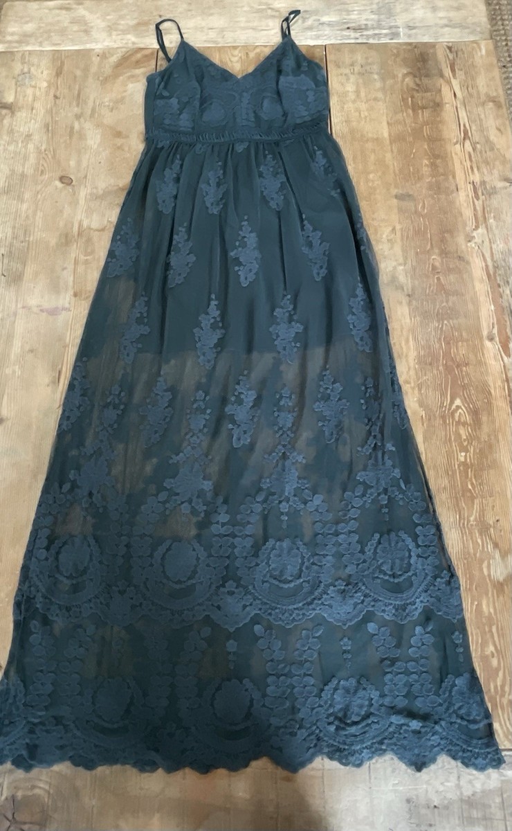 anthro lace dress Anthro Leifsdottir Lace Flowers Overlay Black and White Gown Dress