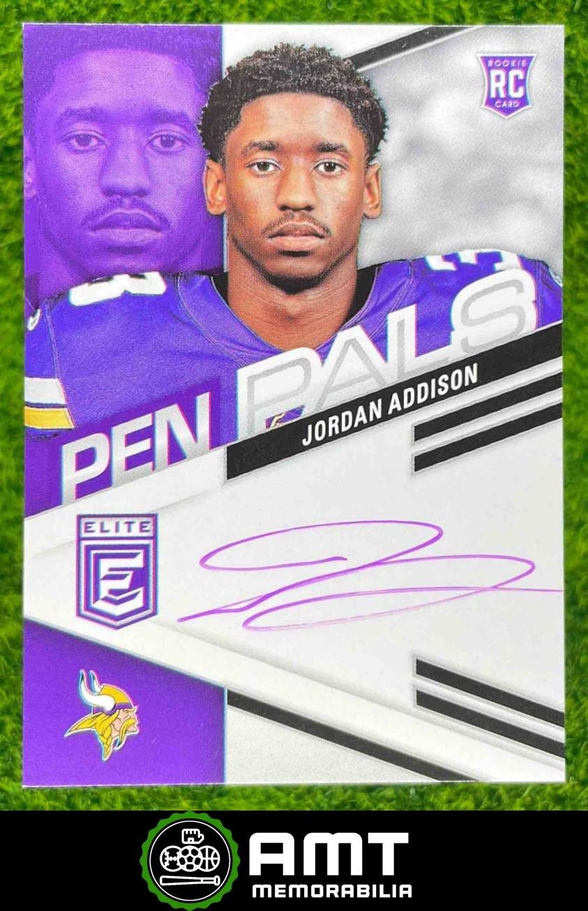 Jordan Addison RC Auto 2023 Panini Donruss Elite Pen Pals Purple Ink Vikings