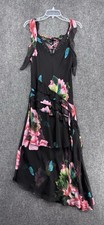 VTG Michel USA Black Floral Asymmetrical Midi Dress Beaded Ruffles Whimsy Y2K S