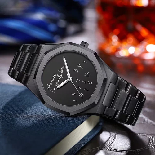 Men Slogan Watch Casual Business Quartz Watch Black "Who Cares I'm already late"