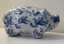 VTG Bybee Pottery Blue White Sponge Ware Piggie Bank Pig 5.75”L 3.25”T 