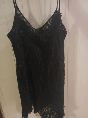 Vintage Black Stretch Lace Gown Sheer Nightie Size Large Goth Witchy Glam