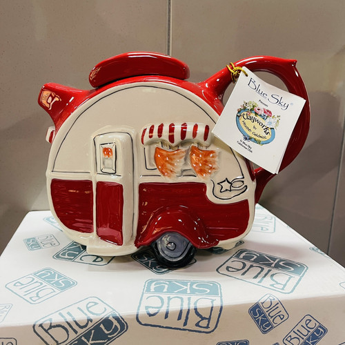 Blue Sky Clayworks Teapot in Red Caravan USA Made Original Boxed Ceramic Art - Picture 1 of 15