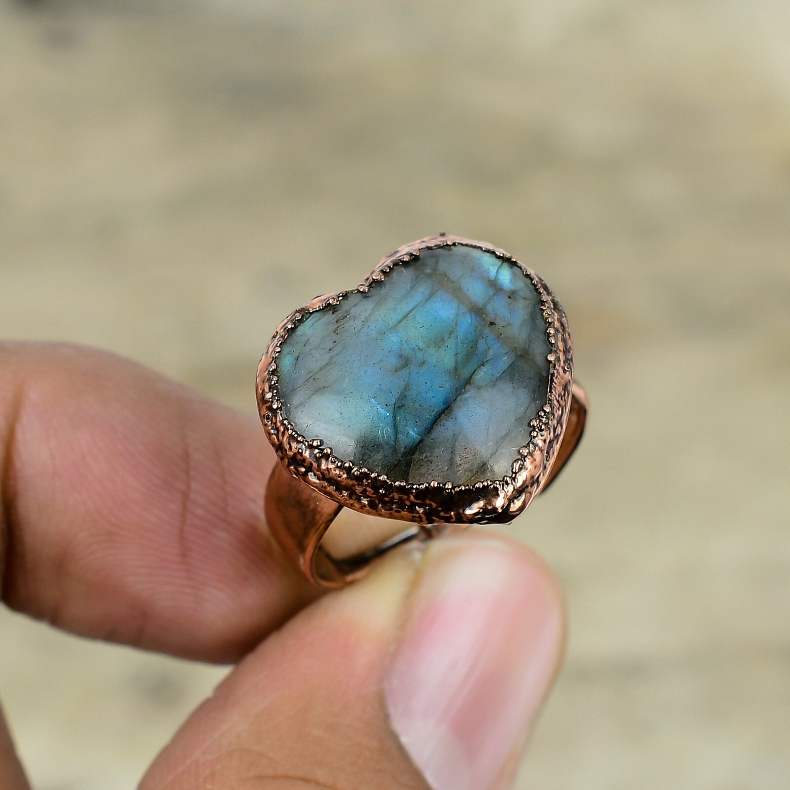 Anillo Ajustable Multi Piedra Electroformada Labradorita Tamaño Ajustable Cobre