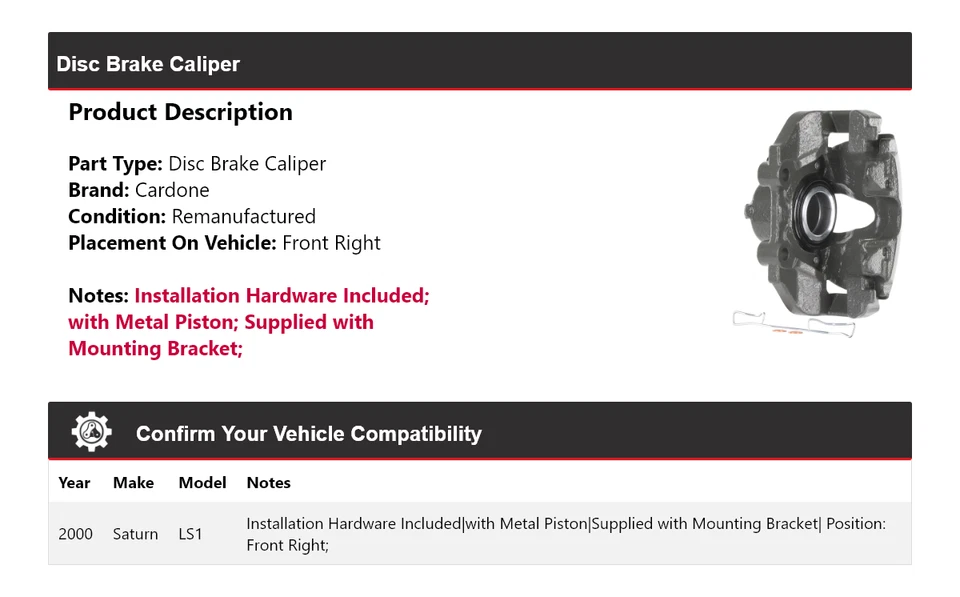 For 2000 Saturn LS1 Disc Brake Caliper Front Right Cardone - Image 2 of 4