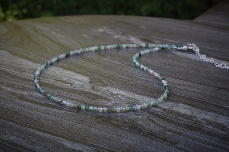 Collares hechos a mano de 18"" con delicadas cuentas redondas facetadas de ágata musgo a++ de 2-3 mm Foto 3 de 4