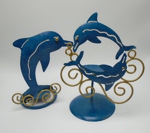 Dolphins Candle Holders Metal Marine Blue and Gold