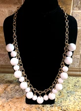 Pretty 24" Gold Tone Chain & White Ball Beaded Charm Statement Necklace