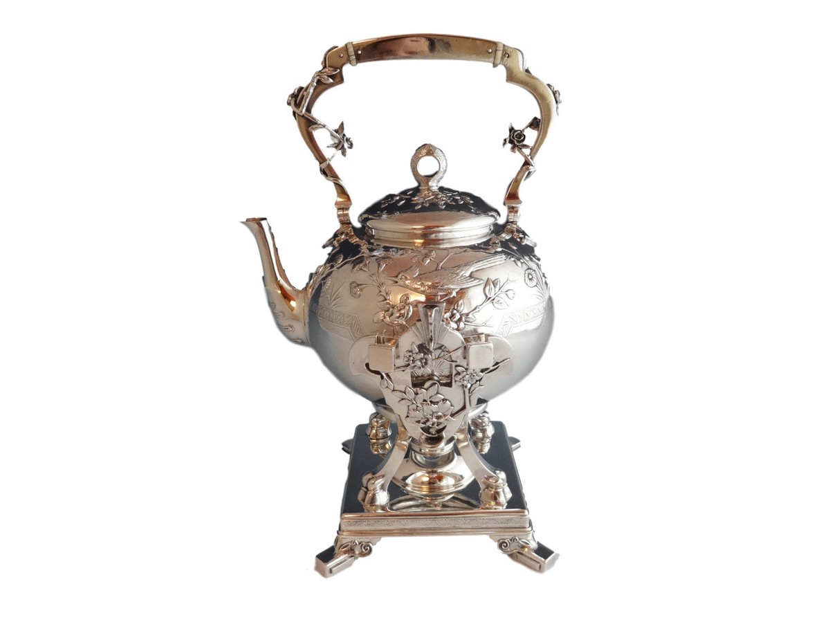 Japanese by Tiffany and Co Sterling Silver Kettle On Stand w/Birds