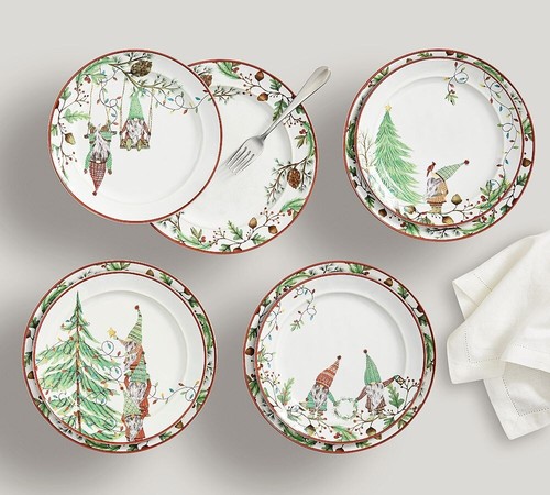NIB Pottery Barn Forest Gnome Christmas Yuletide Stoneware Salad Plates Set Of 4 - Picture 5 of 6