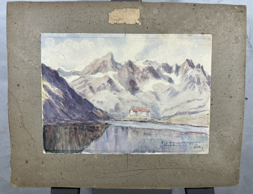 Aquarelle Vue d'un lac et refuge en Montagne Peintre alpiniste dédicacée signée - Photo 1/13