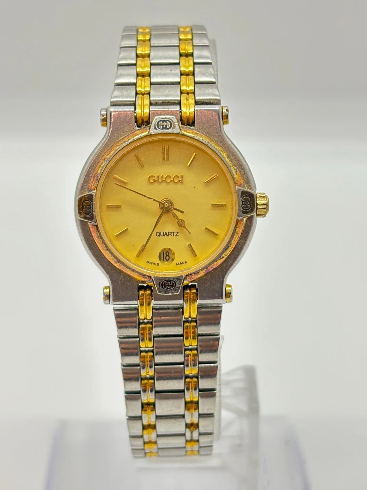 [Exc+5] Montre Gucci 9000L Quartz Femme Or Argent Vintage Occasion Fonctionne