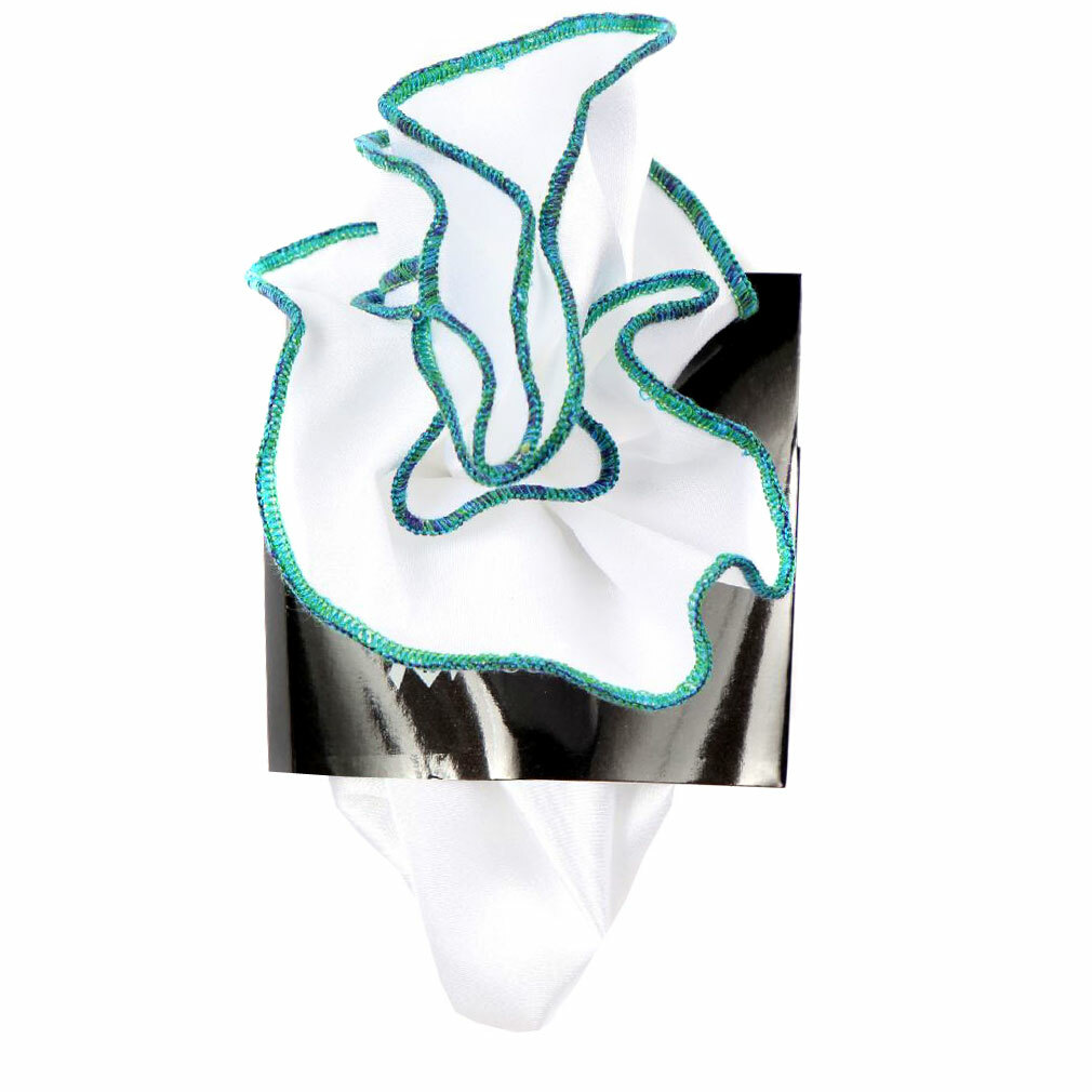 Men's Antonio Ricci Pocket Round Hanky White With Green Blue Trim Formal Wedding