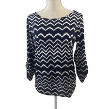 ND Top Shirt Womens Medium Blue Blouse Roll Tab Sleeve Navy White