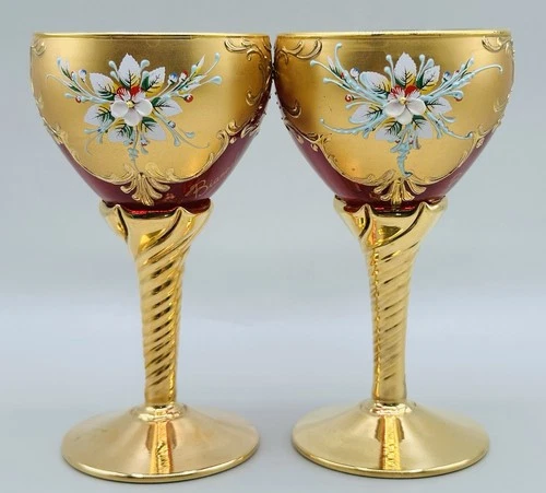 Set of 2 Bianealani Venetian Murano Glass Ruby Red 24K Gold Floral Wine Glasses