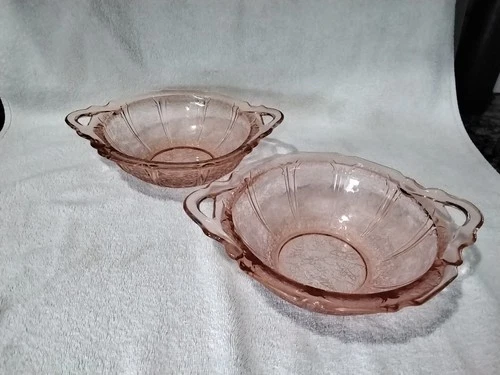 Vintage Pair Jeanette 11" Pink Depression Glass Cherry Blossom Serving Bowls W/