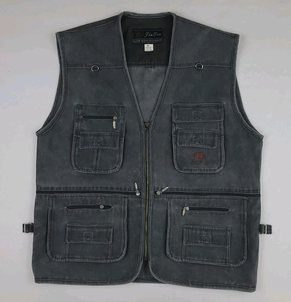 Vintage Jin Tao Grey Cotton Blend Utility Cargo Tech Vest Photographer Outdoor