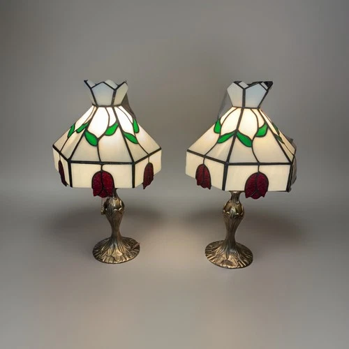 Pair Of Vintage Tiffany Style Strained Glass Desk Lamps