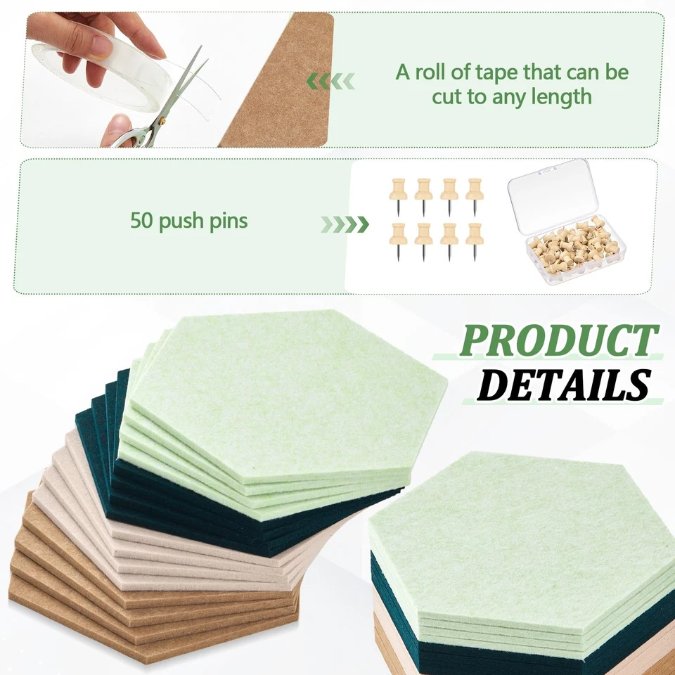 16 Pcs Hexagon Cork Board for Walls with 50 Wooden Push Pins 12x10 in Felt DI... - Image 3 of 4