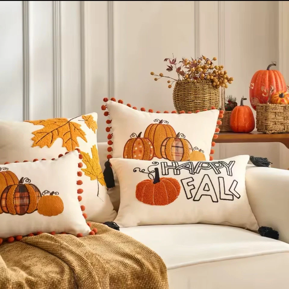 Fall Pumpkin Maple Leaves Cushion Cover Thanksgiving Pillow Cases Home Decor US - Image 4 of 4